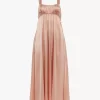Sleeveless ruched long dress in silk satin