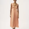 Sleeveless ruched long dress in silk satin