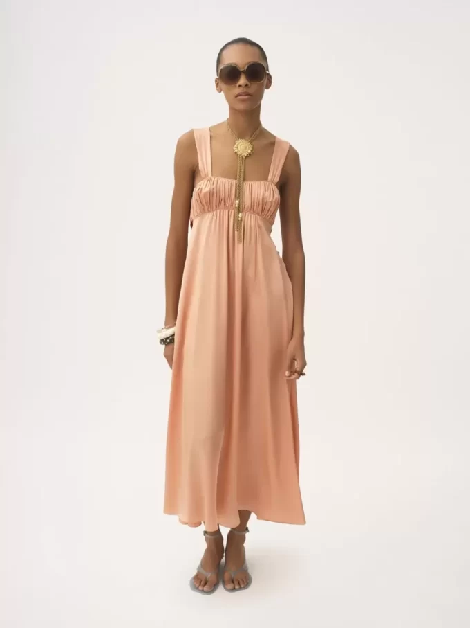 Sleeveless ruched long dress in silk satin