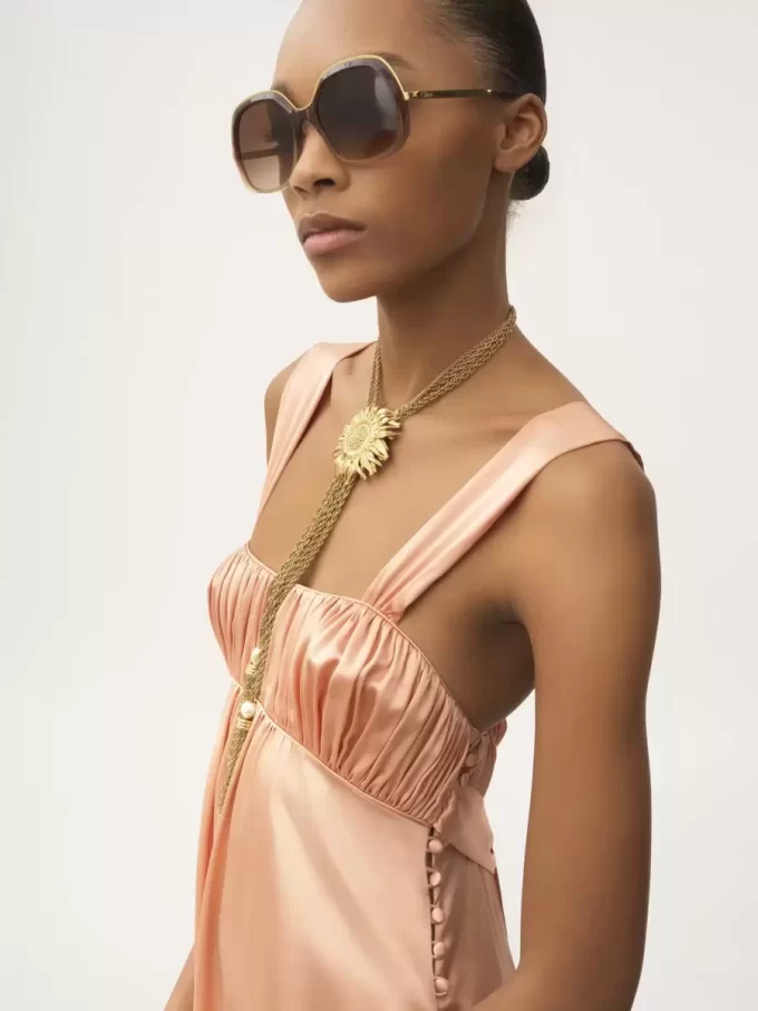 Sleeveless ruched long dress in silk satin