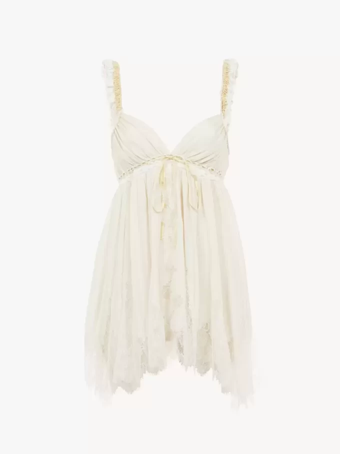 Sleeveless top in washed silk pongé & lace