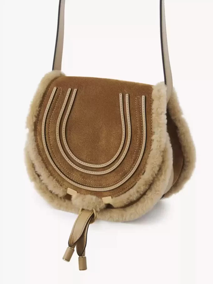 Small Marcie saddle bag in suede leather & shearling