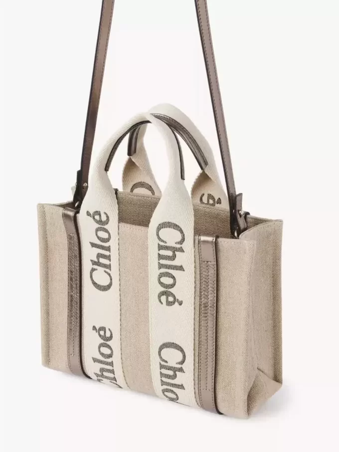 Small Woody tote bag in linen & leather