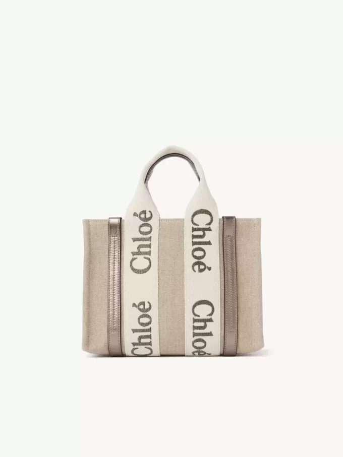 Small Woody tote bag in linen & leather