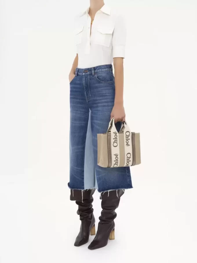 Small Woody tote bag in linen & leather