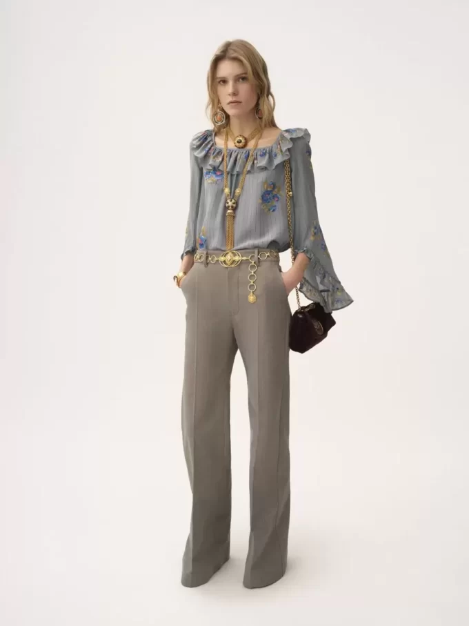 Square-neck ruffle top in crêpe de chine