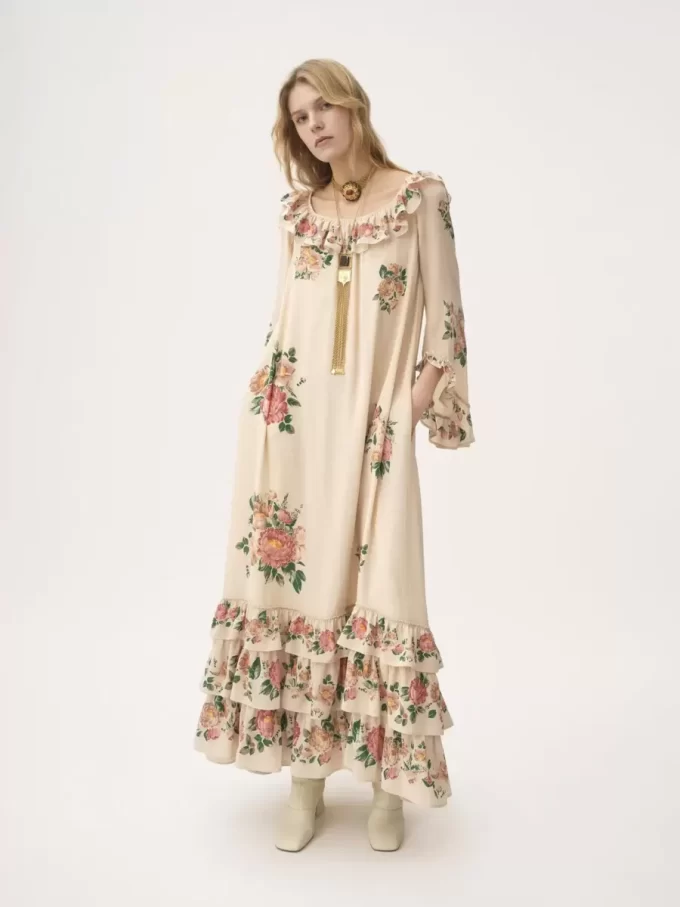 Square-neck ruffled long dress in crêpe de chine