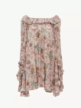 Square-neck ruffled mini dress in crêpe de chine