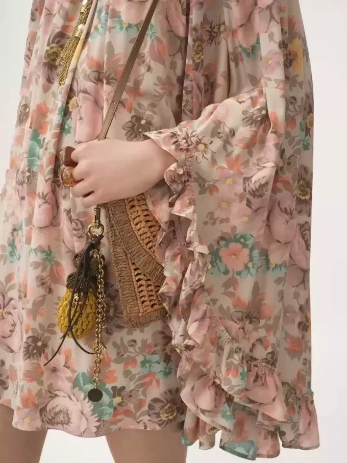 Square-neck ruffled mini dress in crêpe de chine