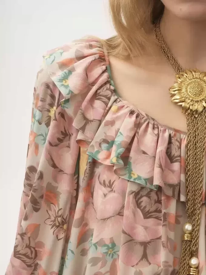 Square-neck ruffled mini dress in crêpe de chine