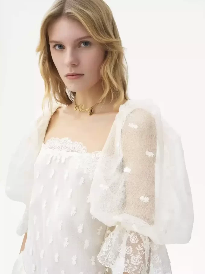 Square-neck top in embroidered lace