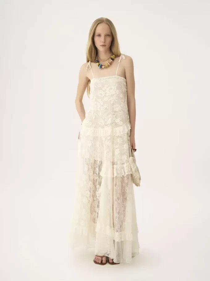 Thin-strap long dress in embroidered lace