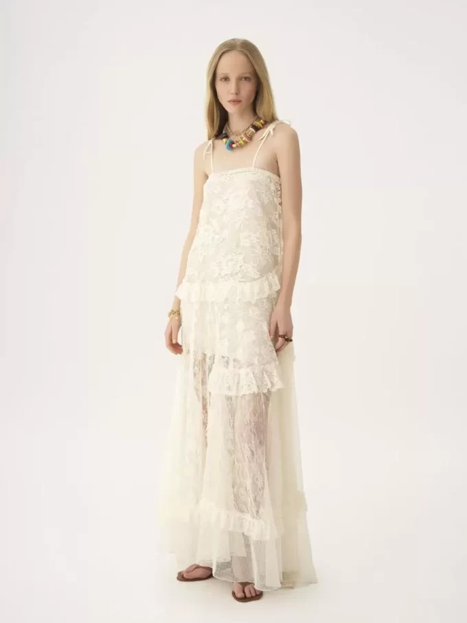Thin-strap long dress in embroidered lace