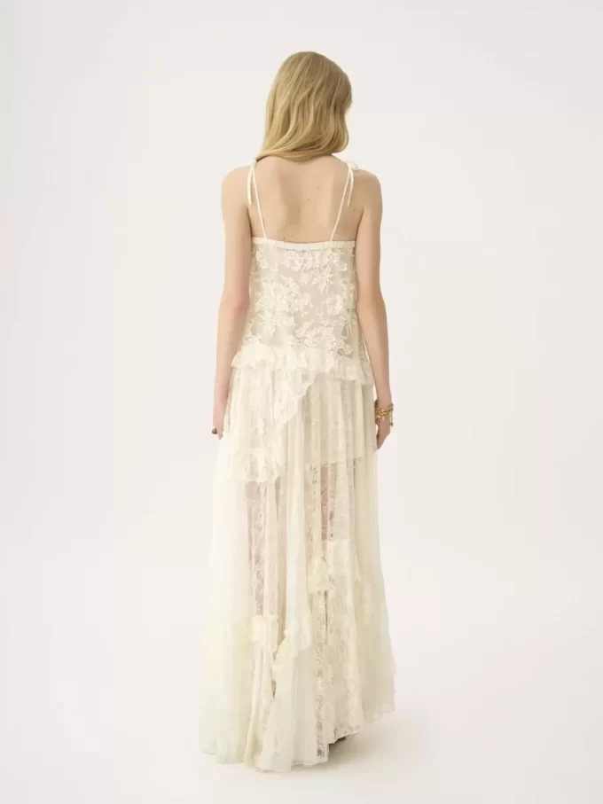 Thin-strap long dress in embroidered lace