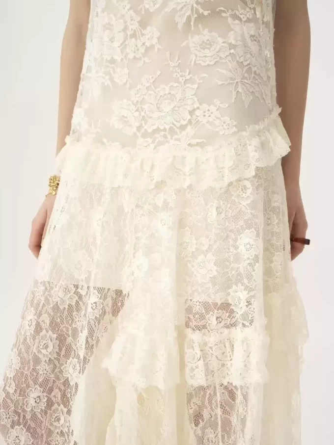 Thin-strap long dress in embroidered lace
