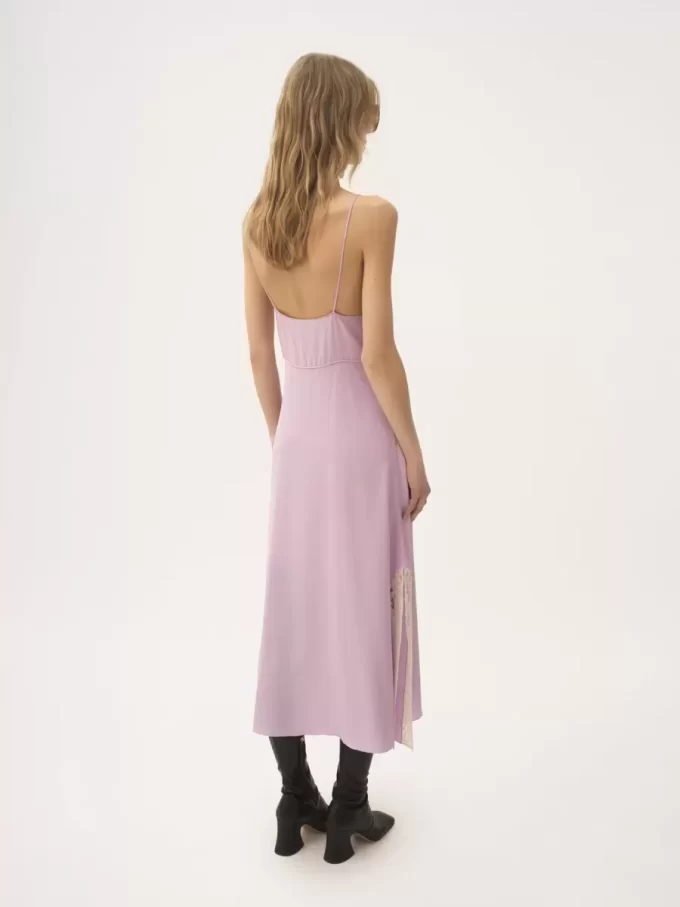 Thin-strap midi dress in crêpe de chine & lace