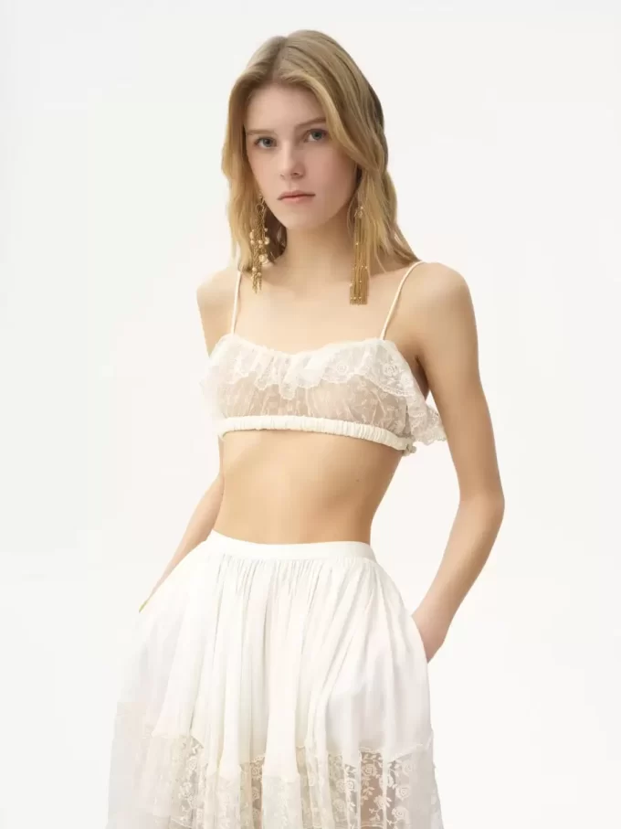 Thin-strap ruffled bralette in embroidered lace