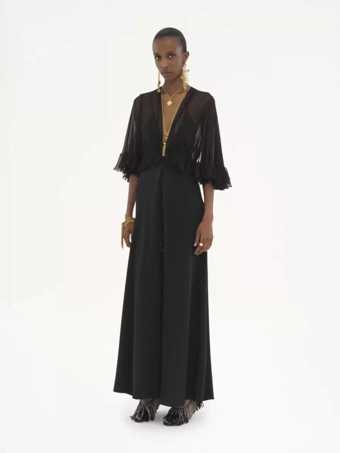 V-neck long dress in crêpe satin