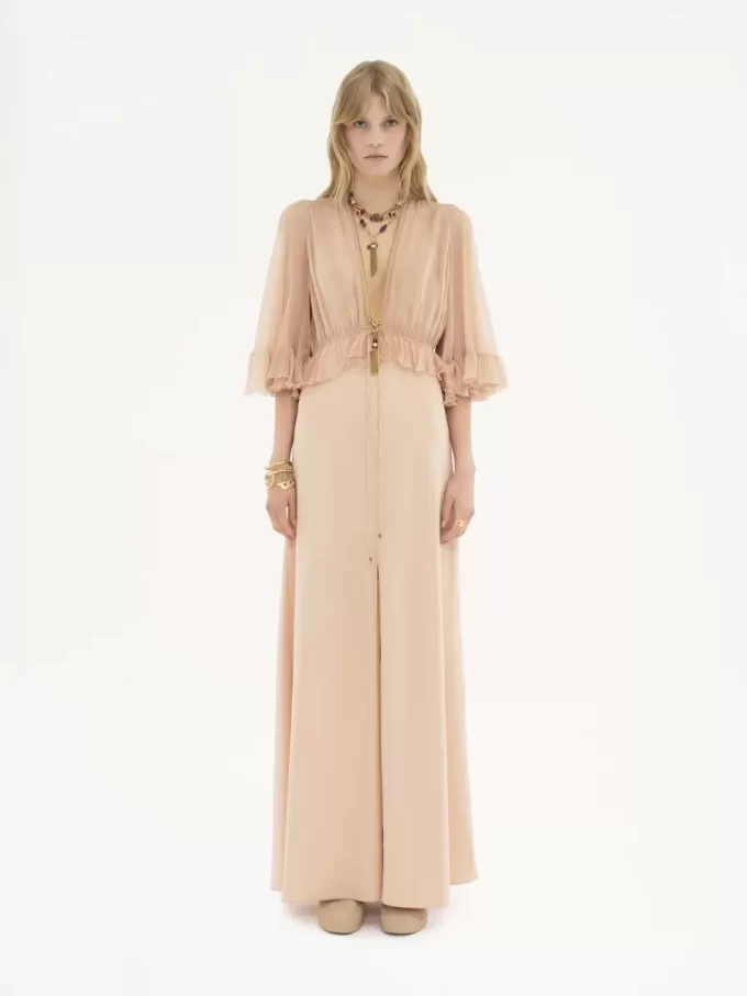 V-neck long dress in crêpe satin