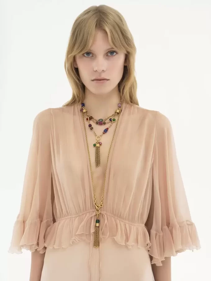 V-neck long dress in crêpe satin