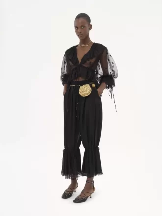 Fluid cropped pants in silk charmeuse & lace