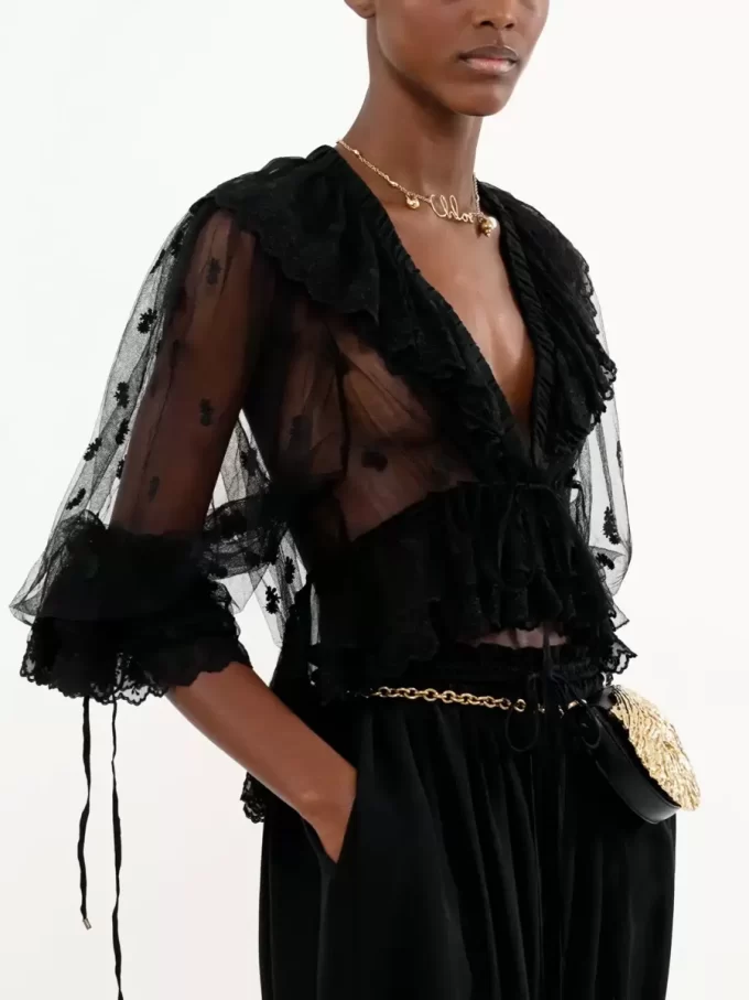 Fluid cropped pants in silk charmeuse & lace