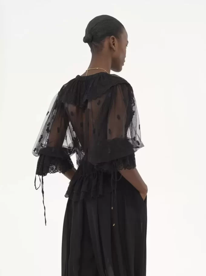 V-neck ruffle top in embroidered lace