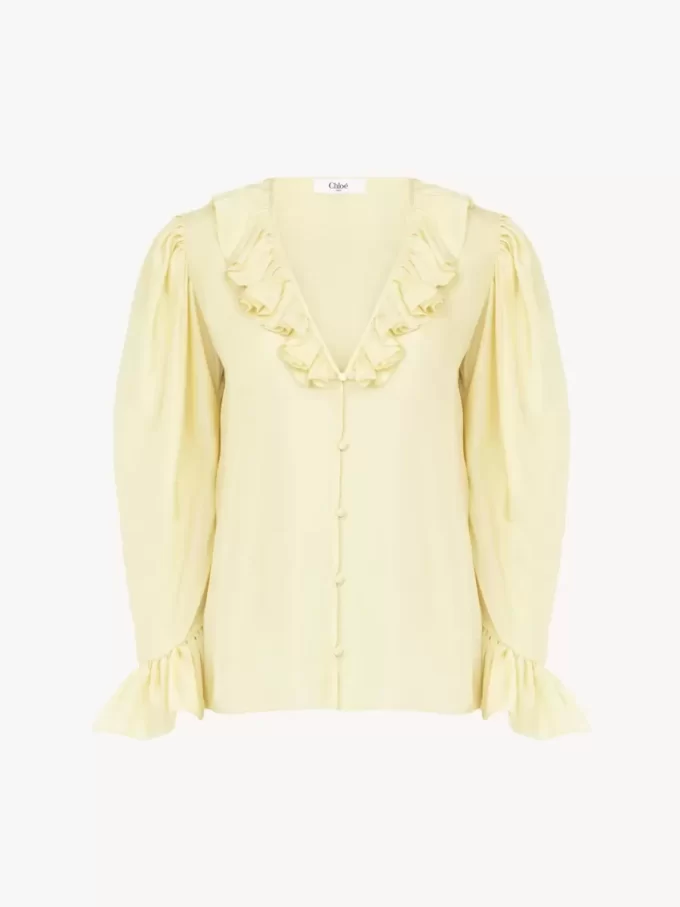 V-neck ruffle top in silk habotai