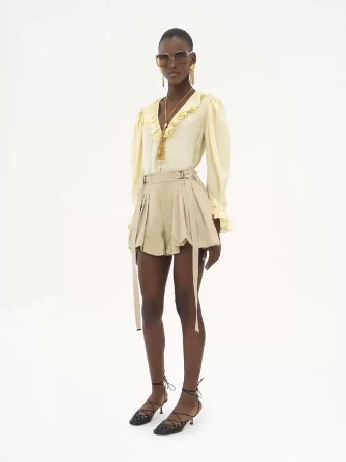 V-neck ruffle top in silk habotai