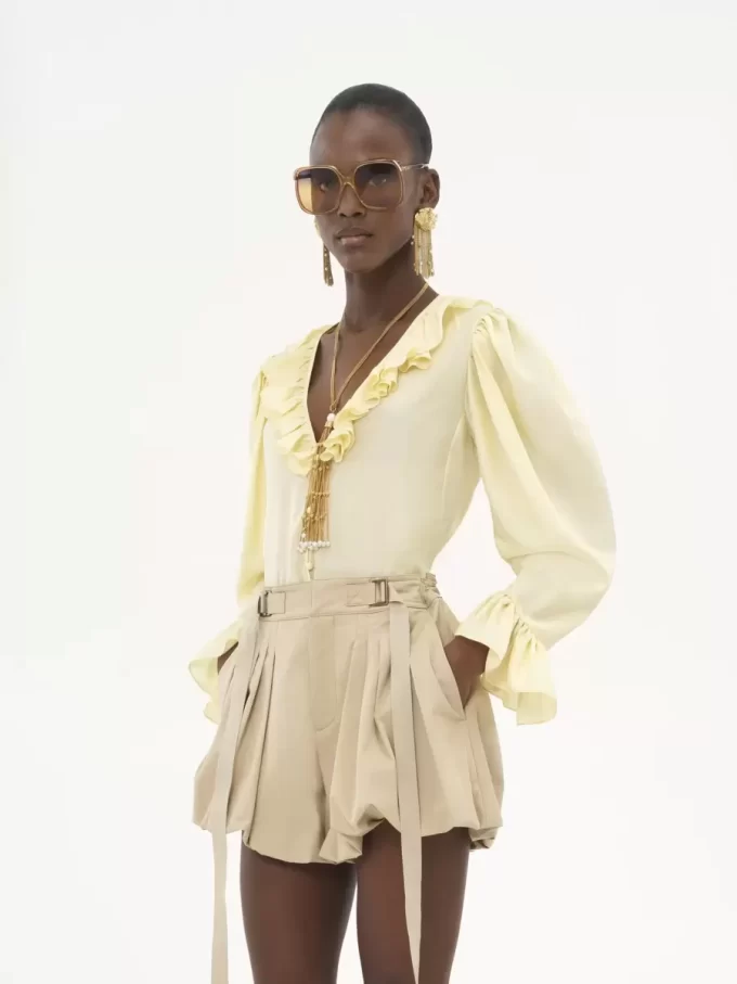 V-neck ruffle top in silk habotai