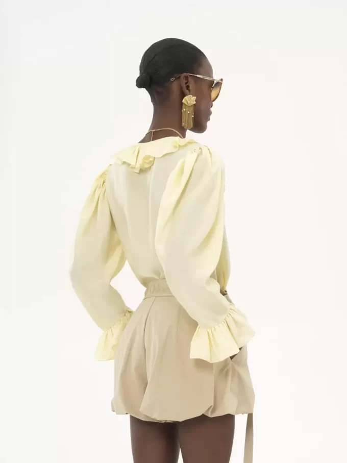 V-neck ruffle top in silk habotai