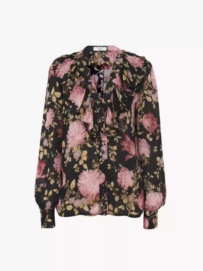 V-neck ruffled blouse in silk charmeuse