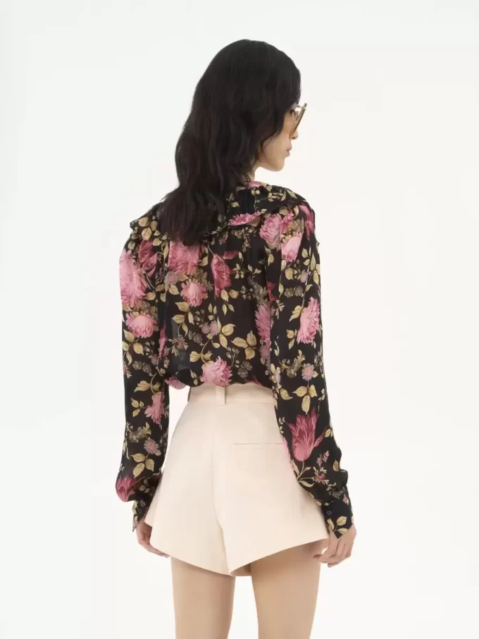 V-neck ruffled blouse in silk charmeuse