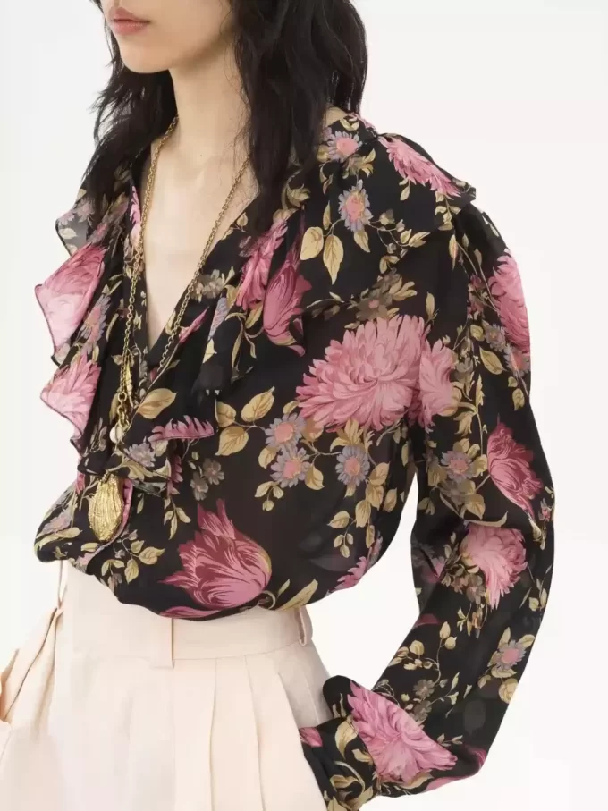 V-neck ruffled blouse in silk charmeuse