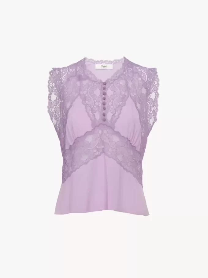 V-neck top in crêpe de chine & lace