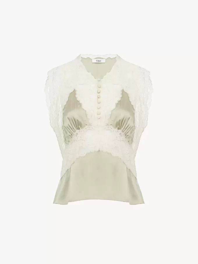 V-neck top in silk satin & lace