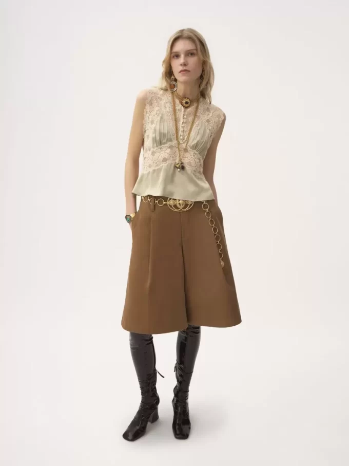 V-neck top in silk satin & lace