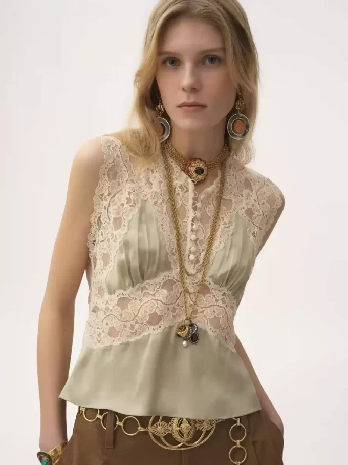 V-neck top in silk satin & lace