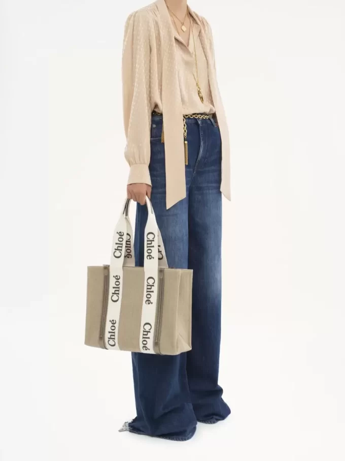 Woody tote bag in linen & leather